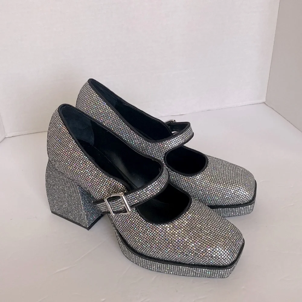 Gianni Bini GB Night Glitter Sparkly Disco Ball Platform Mary Jane Pumps Size 8 - Picture 3 of 7